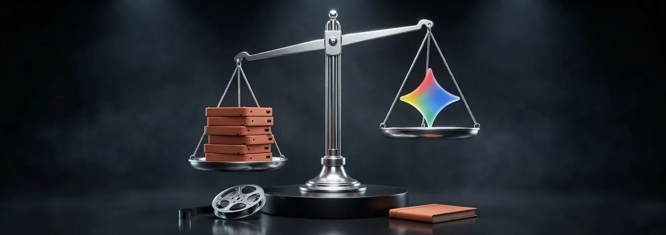 A chrome balance scale on a charcoal plinth: the low pan holds a stack of five terracotta hard drives, the high pan a small rainbow glass spark, with a film reel and a terracotta notebook at the base.
