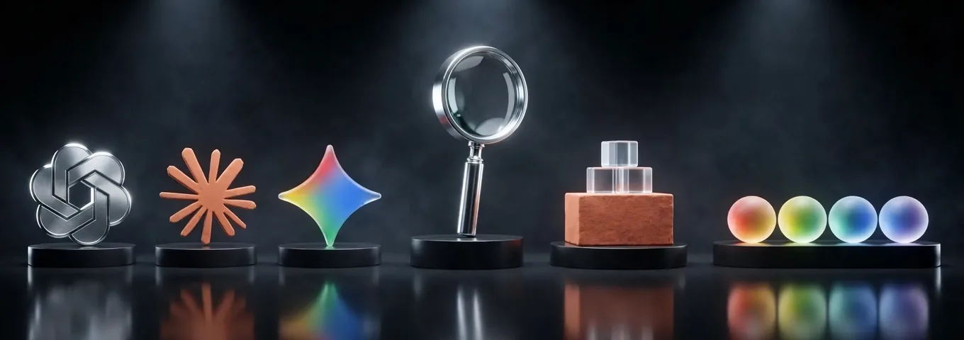 A row of black plinths holding a chrome OpenAI knot, an orange Claude mark, a rainbow glass Gemini star, a chrome magnifying glass, a terracotta block with three clear glass cubes, and four rainbow glass spheres in a line, in a dark studio.