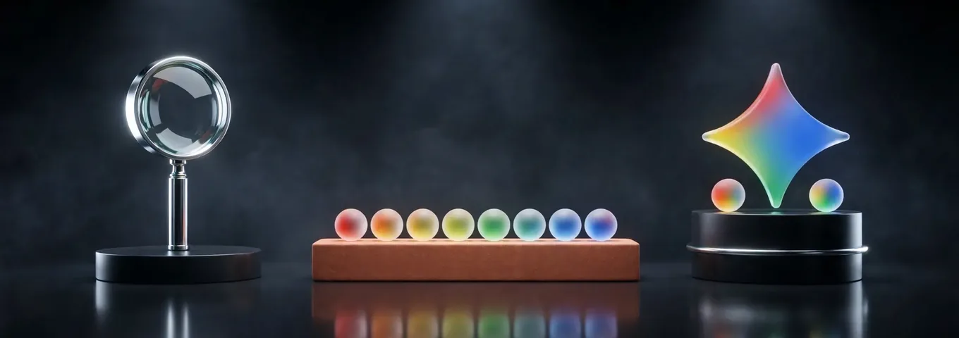 A chrome magnifying glass standing on a charcoal plinth, eight small rainbow glass spheres in a row on a terracotta block, and two more spheres beside a rainbow glass four-point star on a taller plinth ringed with a chrome rail, under a warm rim light.