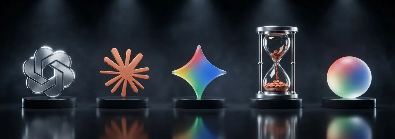 Five charcoal plinths in a dark studio: a chrome OpenAI knot, a terracotta Claude starburst, a rainbow Gemini star, a chrome hourglass with terracotta tokens running through it in place of sand, and a rainbow glass sphere, all under a cool rim light.
