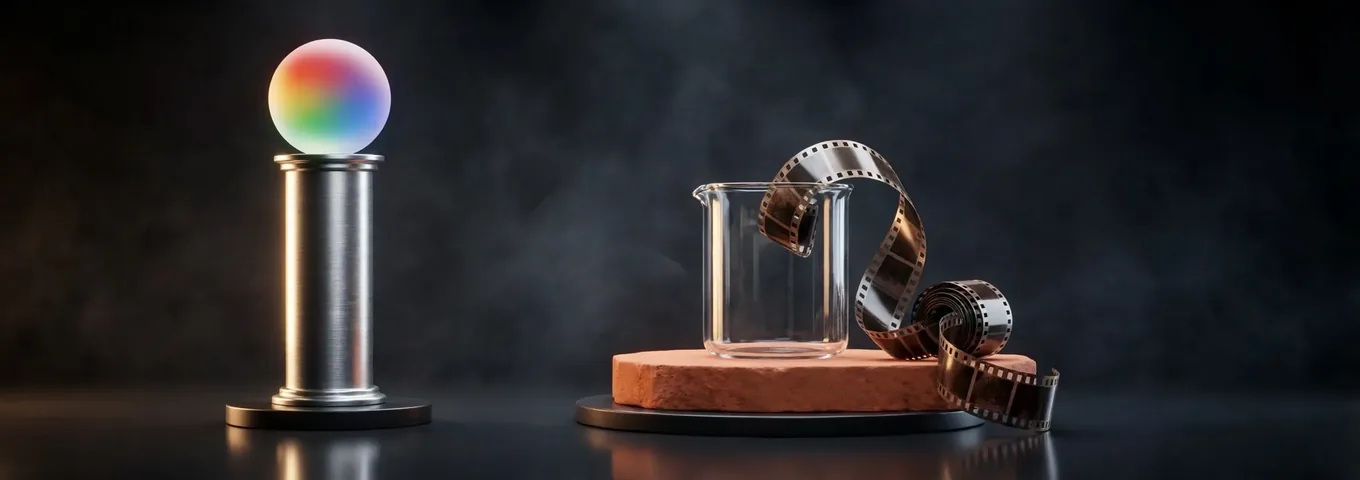 A tall chrome column topped with a rainbow glass sphere on the left, and on the right a clear glass beaker with no markings standing on a terracotta slab, a strip of film curling out of it, against a smoky charcoal studio backdrop.