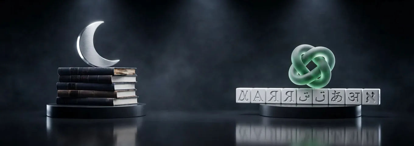 Kimi vs ChatGPT cover: two black plinths in a charcoal studio, a brushed silver crescent moon on a tall stack of books on the left, a green glass knot on a row of white letter blocks in different alphabets on the right.