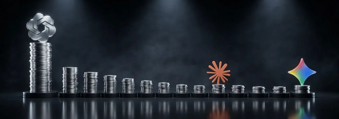 Steel coin stacks falling from one tall stack to many short ones, with the OpenAI, Claude and Gemini logos on top