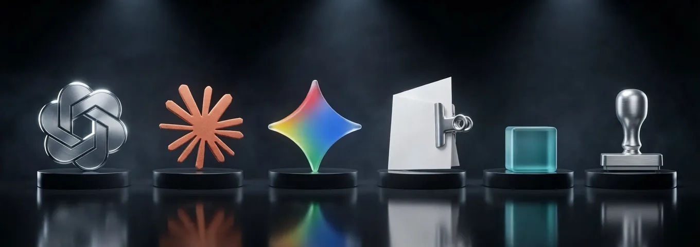 A white paper sheet held in a silver clip, a teal glass cube and a silver rubber stamp on black plinths beside the OpenAI, Claude and Gemini logos