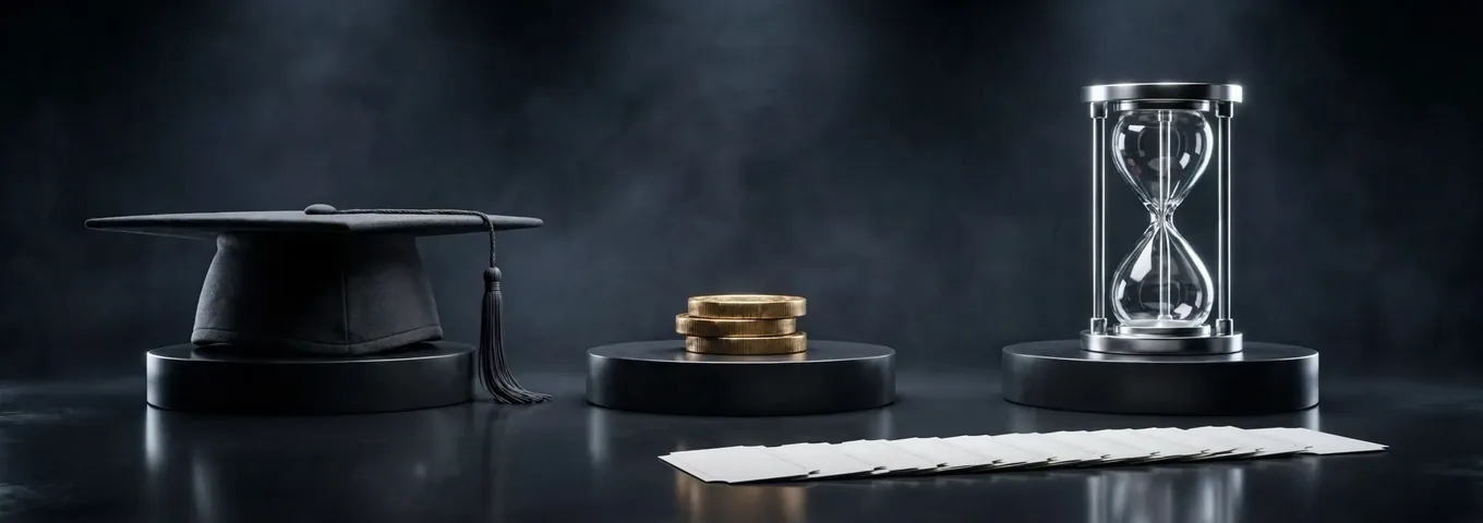 A black graduation cap, a short stack of three brass coins and an empty chrome hourglass on three black plinths, with a fanned row of blank white tickets on the floor in front, in a charcoal studio with white rim light.