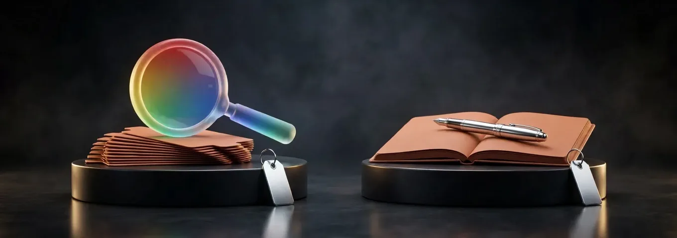 Two matching charcoal plinths with chrome price tags: on the left a rainbow glass lens over a fan of terracotta index cards, on the right a chrome fountain pen across an open terracotta notebook.