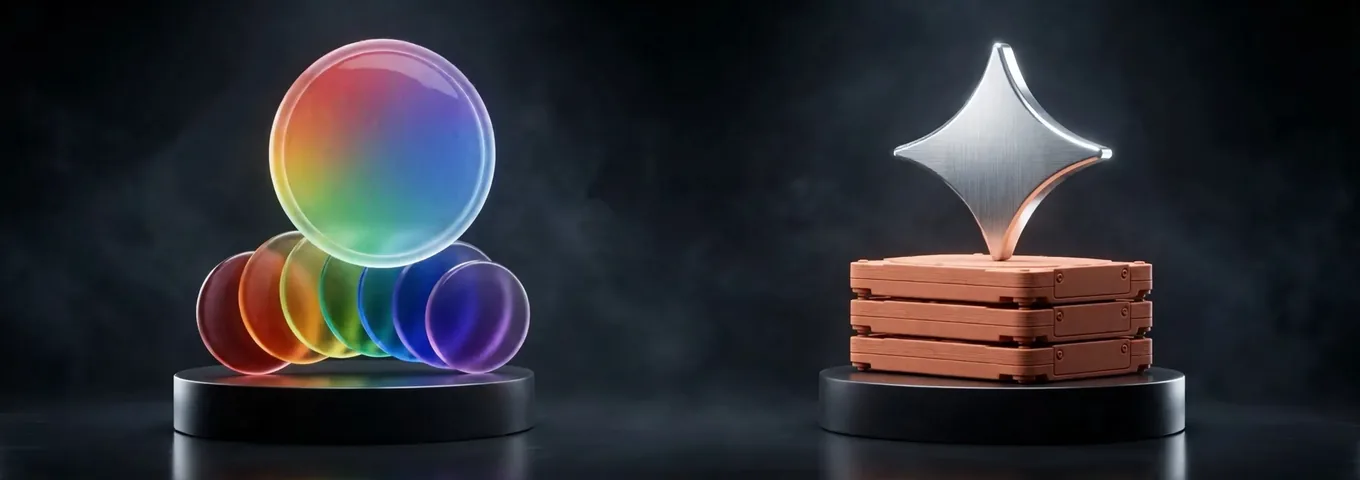 Two charcoal plinths under a warm rim light: on the left a large rainbow glass disc resting on a row of seven smaller glass discs in different colours, on the right a chrome Gemini star standing on a stack of three terracotta hard drives.
