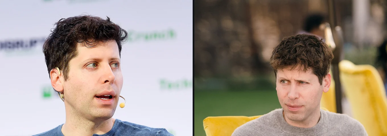 Two photos of Sam Altman side by side: on the left in a blue shirt with a headset microphone on the TechCrunch Disrupt stage in 2019, on the right in a grey sweater, seated in a yellow armchair outdoors in 2022.