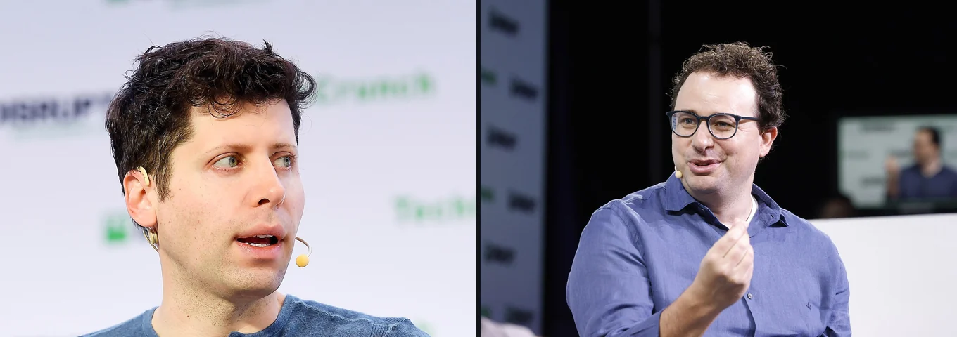 Two photos side by side. On the left, Sam Altman speaks into a microphone on a TechCrunch stage in San Francisco in 2019. On the right, Dario Amodei, in glasses and a dark jacket, talks at TechCrunch Disrupt in 2023.