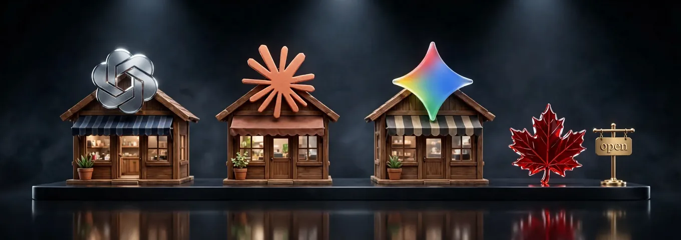 Three miniature wooden shopfronts topped with AI logos, beside a red glass maple leaf and a brass open sign