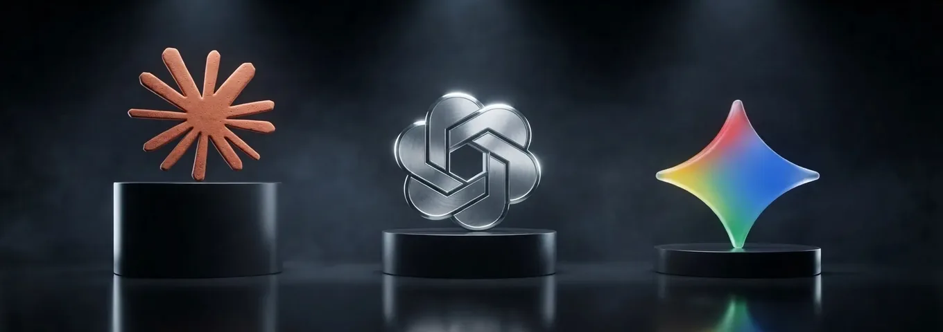 The terracotta Claude starburst on the tallest black plinth, the silver OpenAI knot on a middle one and the rainbow glass Gemini star on the lowest