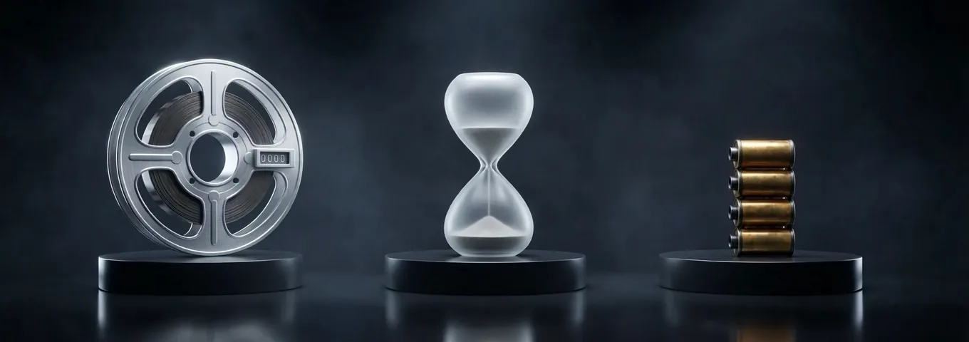 A silver film reel with a small counter reading 0000, a frosted hourglass with its sand run out and a stack of four brass film canisters, each on a black plinth in a charcoal studio under white rim light.
