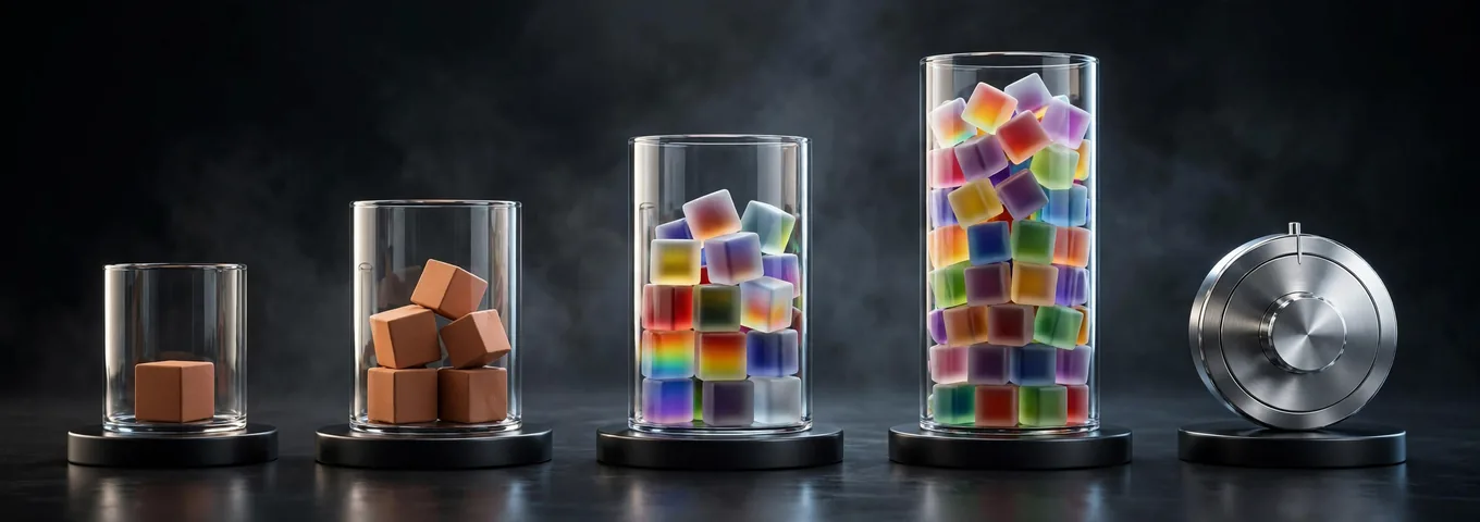 Four clear glass cylinders of rising height on black plinths, the smallest holding one terracotta cube and the tallest packed with fifty rainbow glass cubes, beside a chrome dial with no numbers on its face, in a charcoal studio with white rim light.