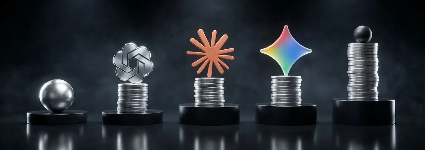Five black plinths in a dark studio: a silver globe on the lowest, then stacks of silver coins topped by the OpenAI knot, a terracotta Claude starburst and a rainbow Gemini star, and the tallest stack topped by a black sphere.