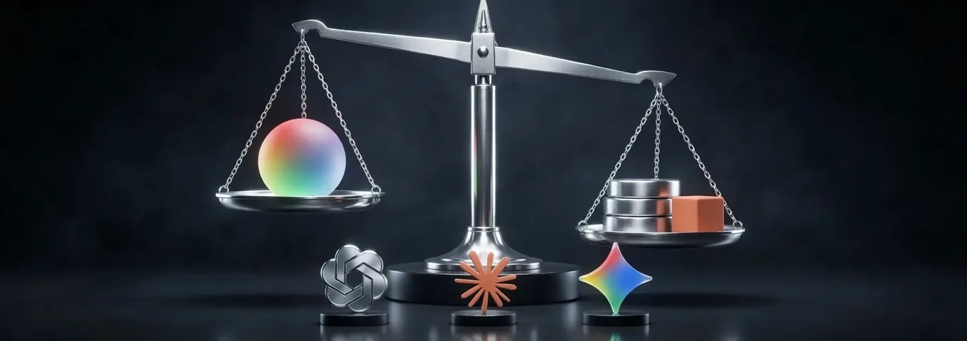 A chrome balance scale on a black plinth in a charcoal studio, a rainbow glass sphere in the left pan and three stacked chrome discs with a terracotta cube in the right pan, the beam tipped toward the discs, with small OpenAI, Claude and Gemini marks standing on the floor in front.