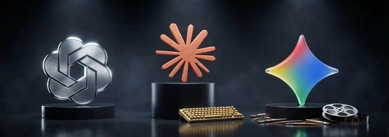The terracotta Claude starburst on a tall black plinth above a brass keyboard, between a silver OpenAI knot and a rainbow glass Gemini star with paint brushes and a film reel, in a dark studio