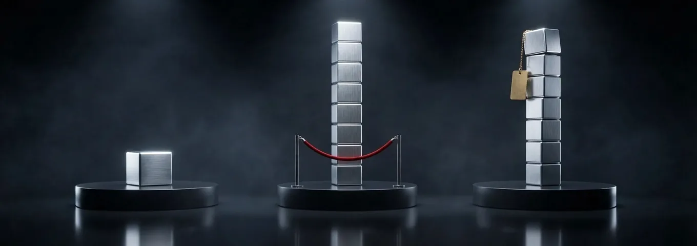 Three black plinths in a charcoal studio: one brushed steel cube on the left, a tower of ten steel cubes closed off behind a red velvet rope in the middle, and a shorter tower of seven cubes with a blank brass tag on the right.
