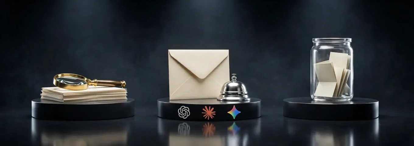 Three black plinths in a graphite studio: a brass magnifying glass on a stack of index cards, a cream envelope beside a chrome desk bell above the OpenAI, Claude and Gemini marks, and a glass jar of folded paper notes.