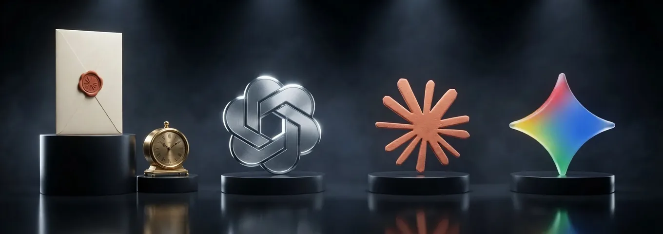 A sealed cream envelope with a terracotta wax seal on a tall black plinth beside a small brass desk clock on a low plinth, with a brushed silver OpenAI knot, a terracotta Claude starburst and a rainbow glass Gemini star on low plinths in a charcoal studio.