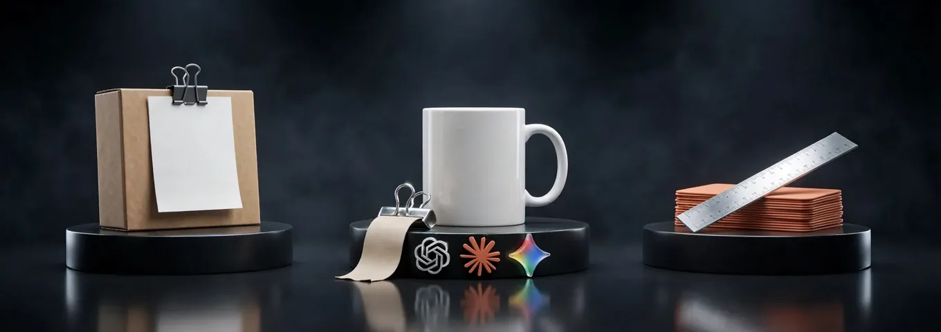 Three black plinths in a charcoal studio: a kraft product box with a blank spec sheet clipped to it, a white mug with a curling blank label above the OpenAI, Claude and Gemini marks, and a chrome ruler across a stack of terracotta cards.