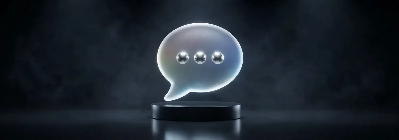 A frosted glass speech bubble with a typing indicator on a plinth