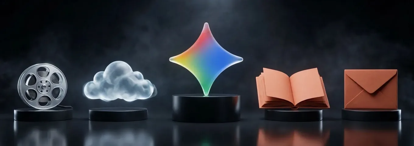 A rainbow-glass Gemini star on a tall black plinth, ringed by smaller black plinths holding a glass cloud, a film reel, an open notebook and an envelope, under rim light in a charcoal studio.