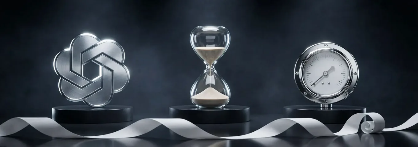 A brushed silver OpenAI knot, a glass hourglass with pale sand and a chrome pressure gauge on three black plinths, with a white paper ribbon curling across the charcoal studio floor.
